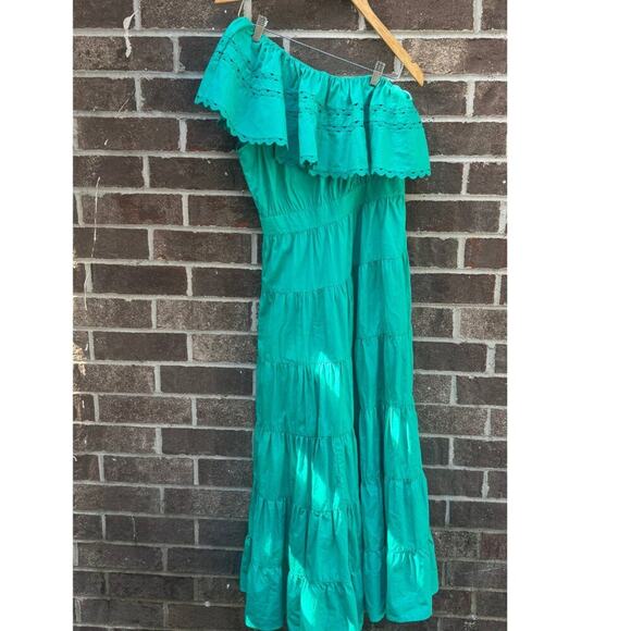 Antik Batik Aqua One Shoulder Maxi Dress | Ruffle Tiered Cotton | Resort Wear S - Picture 1 of 7
